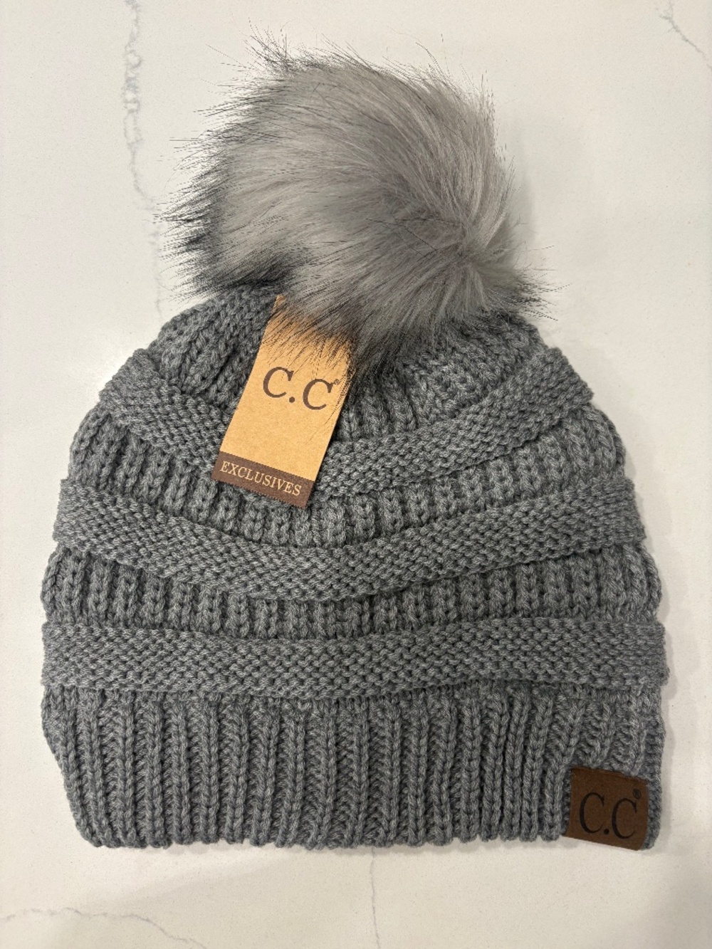 C.C  Light Melange Grey Pom Ribbed Hat With Matching Faux Fur Pom